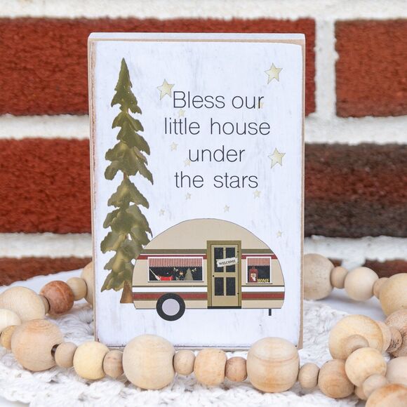 Camper Decor Gifts Summer Camping Wooden Block Sign Star Sky Camp Pine Trees - Picture 1 of 2